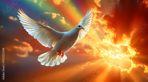 Dove Flying in a Rainbow Sk...
