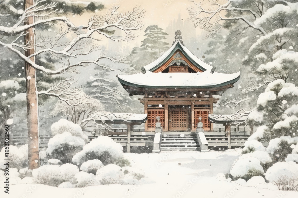 The exterior of a winter covered japanese temple in the snow architecture building outdoors. The exterior of a winter covered japanese temple in the snow architecture building outdoors.