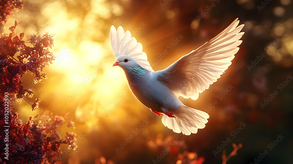 White Dove Flying in Golden Sunset Illustration White Dove Flying in Golden Sunset Illustration