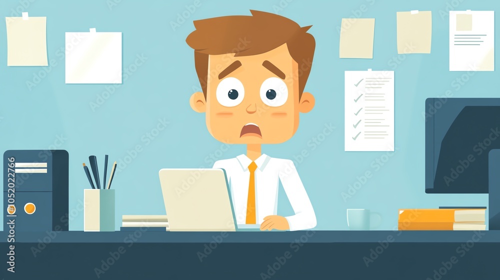 Stressed office worker in a white shirt, overwhelmed at a desk with a laptop. Stressed office worker in a white shirt, overwhelmed at a desk with a laptop.