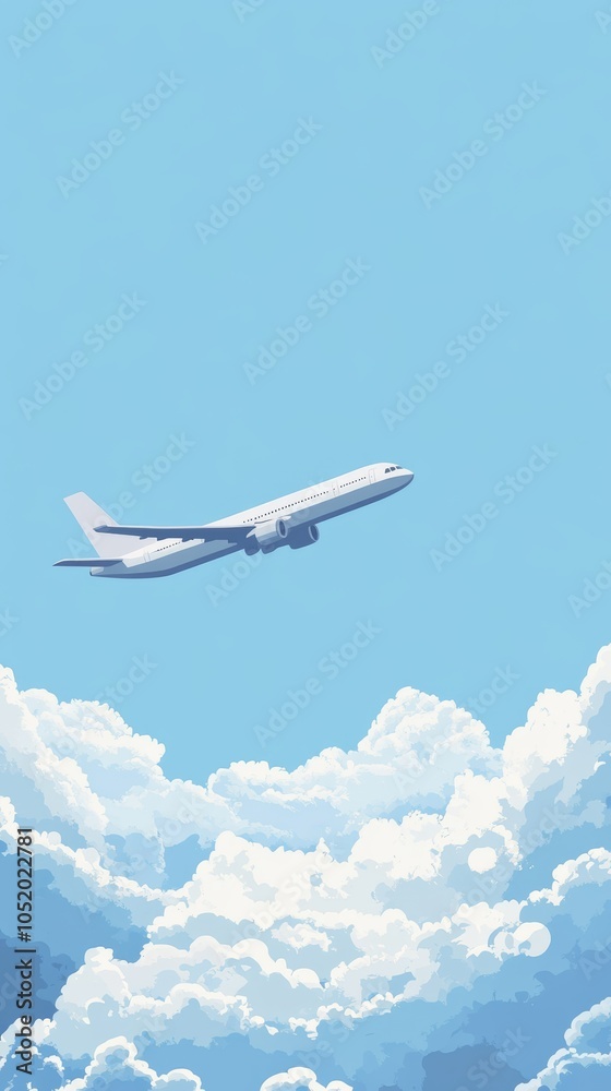 Fototapeta premium White airplane gracefully soars through the sky, leaving a trail above fluffy clouds against a picturesque backdrop of blue sky and shining sun, symbolizing freedom and the excitement of travel