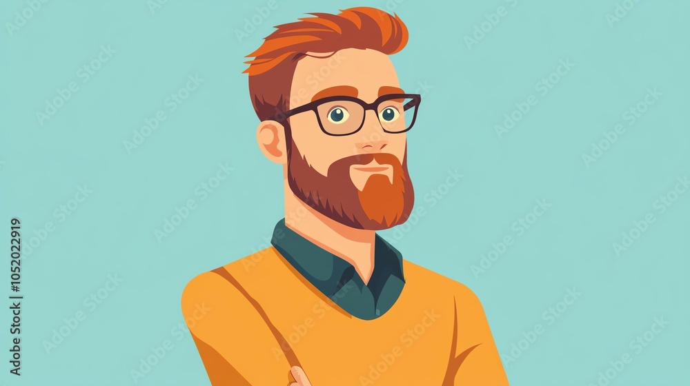 Stylized portrait of a confident man with glasses and a beard, wearing a stylish sweater against a light background. Stylized portrait of a confident man with glasses and a beard, wearing a stylish sweater against a light background.