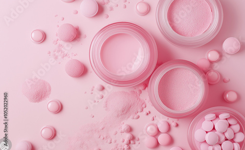 Pink Skincare Creams and Powders: Three containers of pink skincare creams and powders arranged on a soft pink background. photo