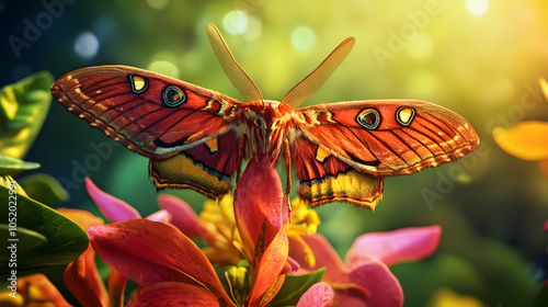 A Captivating Scene Featuring the Elephant Hawk-Moth (Deilephila elpenor) on a Flower in a Lush Green Environment photo