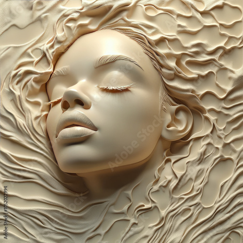 3D bas-relief of a girl, close-up portrait in vanilla and beige tones. Decor of exhibition and presentation interiors for advertising products for women, template for greeting, romantic cards, invitat photo