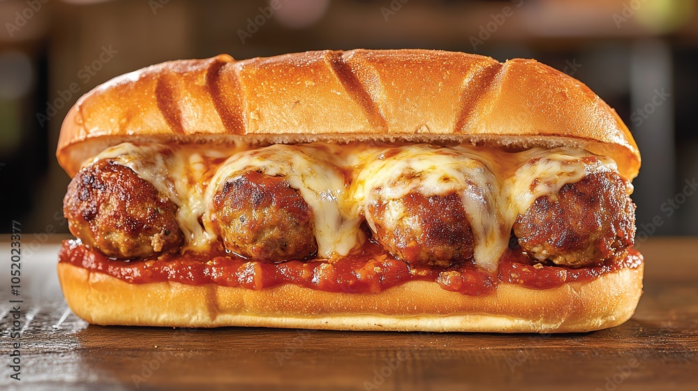 Delicious meatball sub sandwich with melted cheese and rich marinara sauce on a toasted bun, perfect for a hearty and satisfying meal.