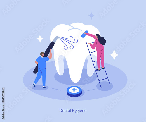 Dentists making professional dental treatment. Stomatology care, cleaning, polishing banner template. Oral hygiene, teeth whitening, plaque removal concept. Flat isometric vector illustration.
