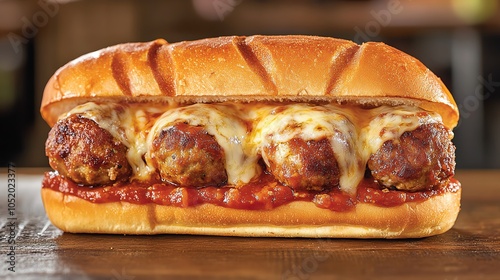 Obraz na płótnie Delicious meatball sub sandwich with melted cheese and rich marinara sauce on a toasted bun, perfect for a hearty and satisfying meal. w salonie