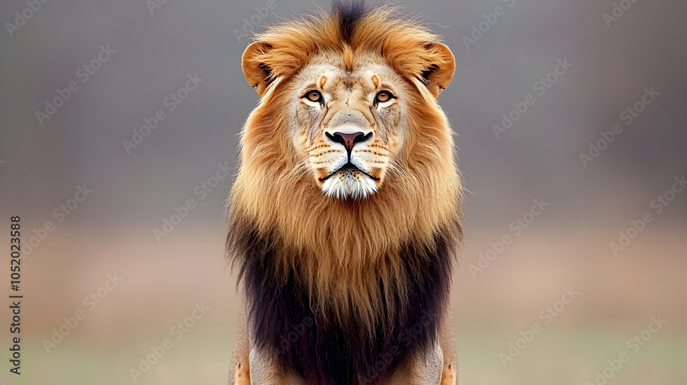 Fototapeta premium Majestic male lion with a dark mane looking directly at the camera in a blurred nature background.