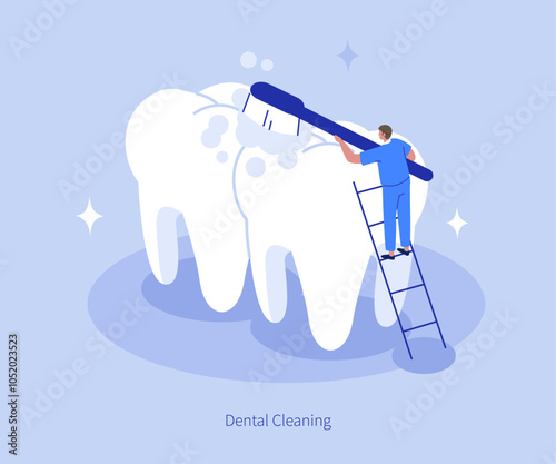 Dentist brushing teeth with toothbrush. Stomatology care, cleaning banner template. Oral hygiene, teeth whitening, plaque removal concept. Flat isometric vector illustration.
