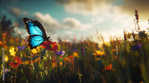 Serenity in Motion: The Common Bluebottle Butterfly in a Sunlit Meadow of Life