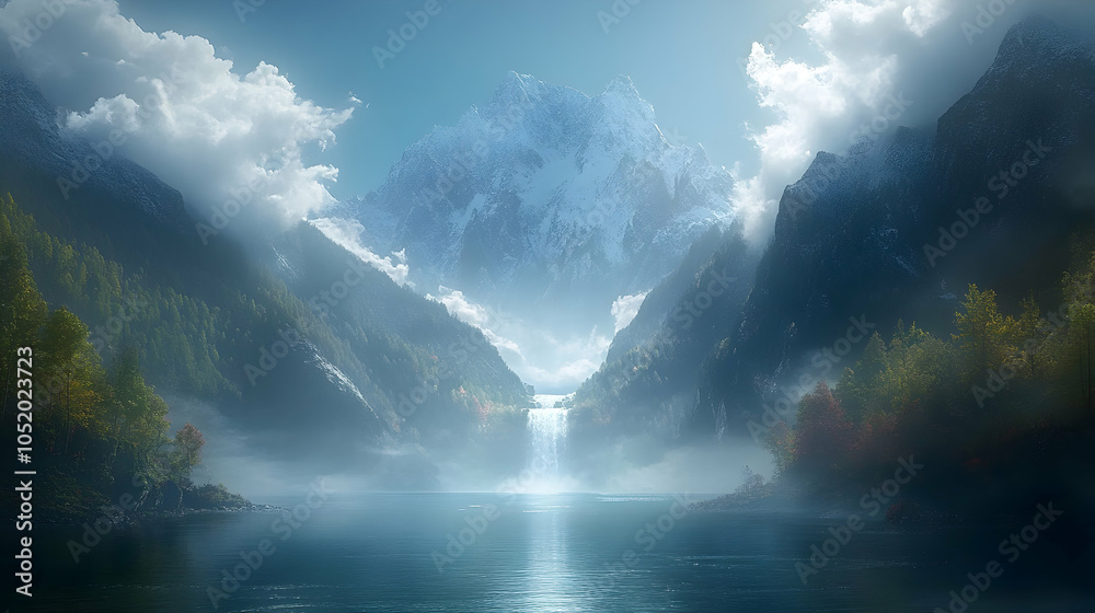 Majestic waterfall cascades down a mountainside, creating a mist that envelops the serene lake and surrounding landscape. Majestic waterfall cascades down a mountainside, creating a mist that envelops the serene lake and surrounding landscape.