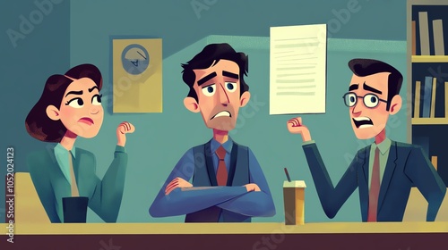Three colleagues in a tense meeting, discussing a document with expressions of concern and disagreement.