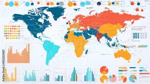 Business charts overlayed on a world map showing international market trends