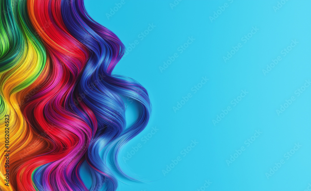 Vibrant Rainbow Hair Locks: A close-up of long, wavy hair strands dyed in vibrant rainbow colors against a blue background. Vibrant Rainbow Hair Locks: A close-up of long, wavy hair strands dyed in vibrant rainbow colors against a blue background.