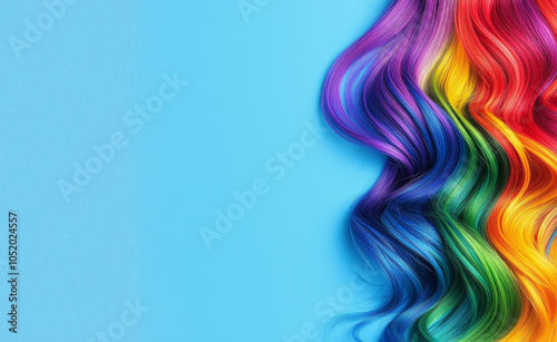 Vibrant Rainbow Hair Locks: A close-up of long, wavy hair strands dyed in vibrant rainbow colors against a blue background. photo