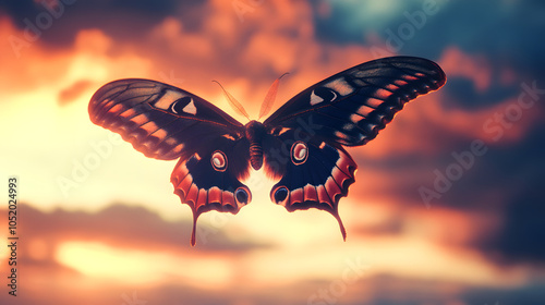 The Majestic Flight of the Cecropia Moth Under a Breathtaking Sunset photo