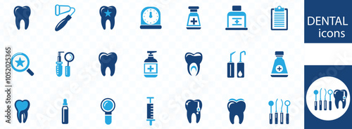 Dental icon set. Containing tooth, dentist, toothpaste, toothbrush, teeth, implant and dentistry icons. Solid icon collection. Vector illustration