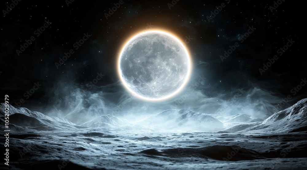 dark, shadowy, rocky surface of moon is illuminated by glowing full moon, with mist swirling around landscape, creating mysterious and ethereal atmosphere