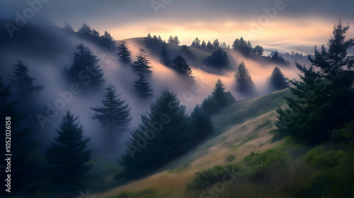 Misty Forest Sunset Landscape
