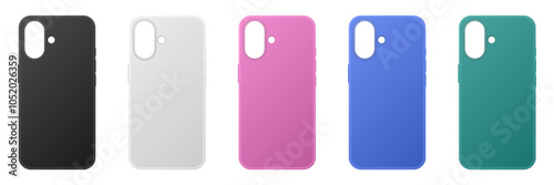 Set of smartphone cases. 3D phone mockup for print shop. Black, white, pink, blue and green empty cases