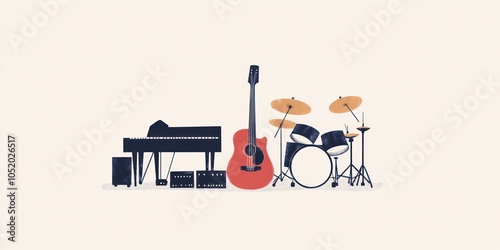 A collection of musical instruments including a keyboard, guitar, and drum set. photo