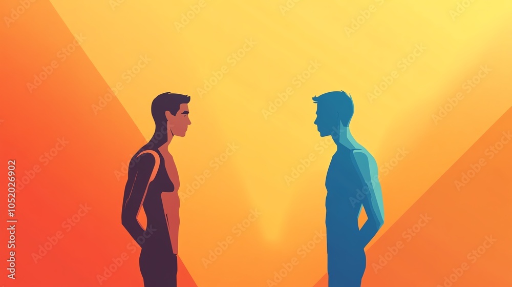 Fototapeta premium Two human figures in profile, facing each other against a vibrant gradient background.