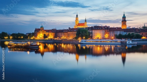 Poland's stunning nighttime cityscape of Warsaw, featuring the Palace of Culture. 