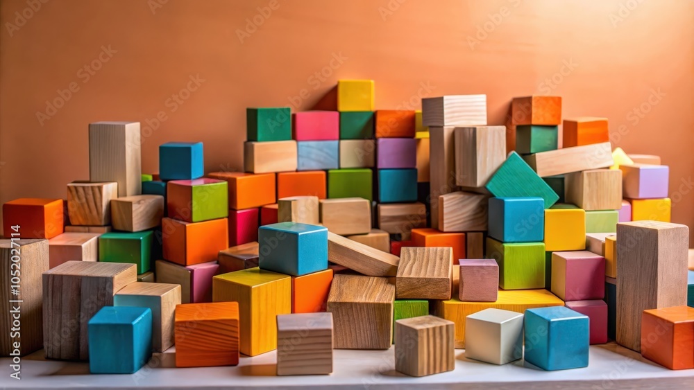 A Colorful Collection of Wooden Blocks Arranged in a Random Formation on a White Surface A Colorful Collection of Wooden Blocks Arranged in a Random Formation on a White Surface