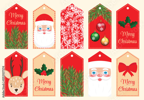 Set of 10 pieces of multi-colored gift tags on the Christmas theme. Vector illustration for decorating and embellishing gifts for the New Year and Christmas.
