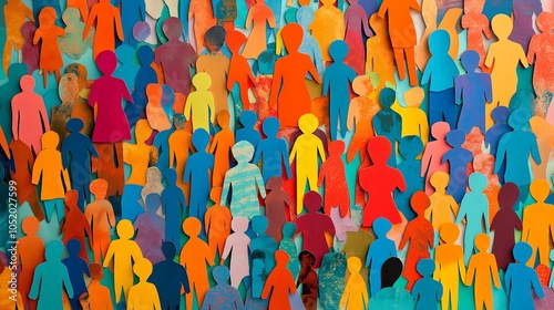 many paper people, diversity concept, colorful background