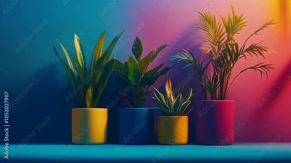 Four houseplants in yellow, blue, and pink pots in a colorful, vibrant background