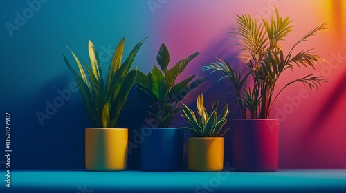 Obraz na płótnie Four houseplants in yellow, blue, and pink pots in a colorful, vibrant background w salonie