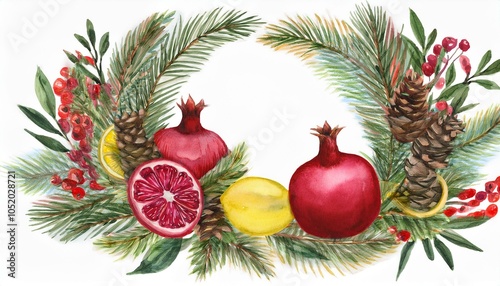 beautiful christmas wreath illustration with watercolor hand drawn branches fir cones and ripe pomegranates and lemons stock clipart illustration ready print design photo