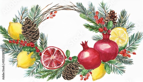 beautiful christmas wreath illustration with watercolor hand drawn branches fir cones and ripe pomegranates and lemons stock clipart illustration ready print design photo