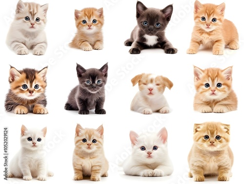 Adorable group of different colored kittens on a white background, isolated