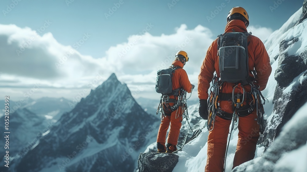 Climbers On Mountain Peak Looking At View Climbers On Mountain Peak Looking At View
