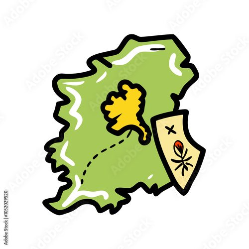 Irish map icon with a harp symbol and green landscape