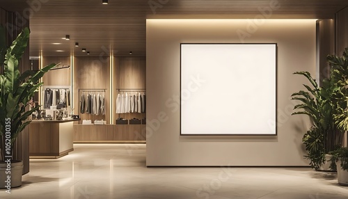 A modern retail space featuring clothing displays and a blank wall for artwork or signage.