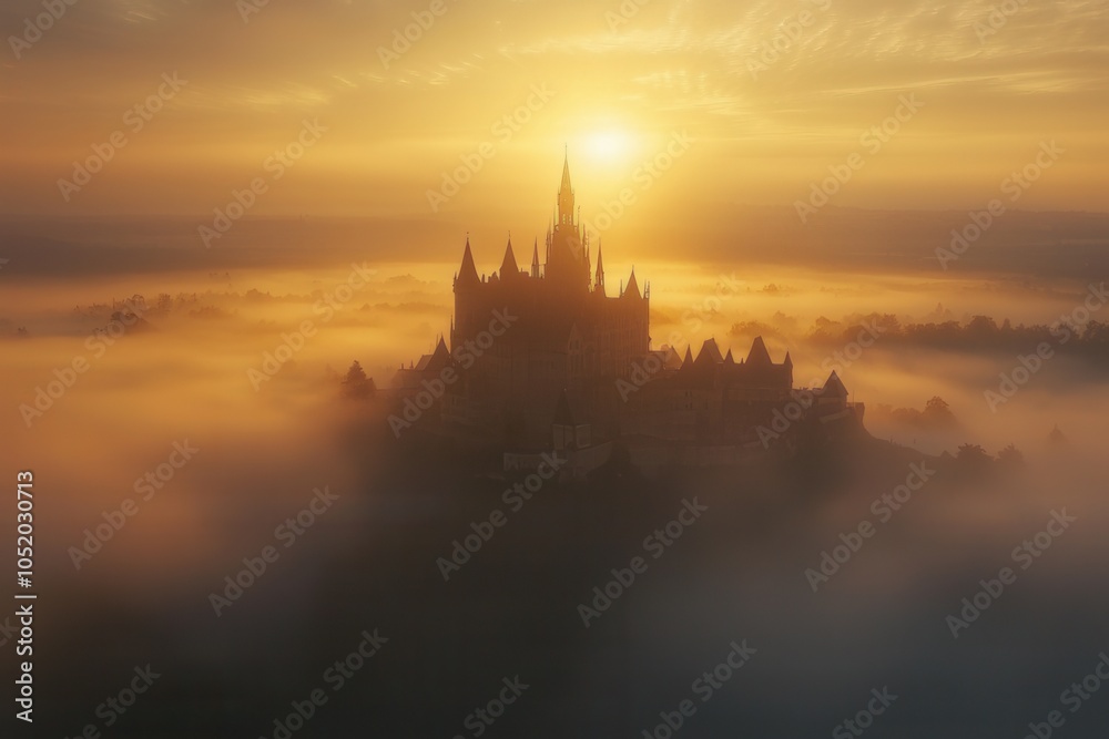 Fototapeta premium A Majestic Castle Towering Over a Medieval Kingdom, Surrounded by Fog and Illuminated by a Golden Sunrise