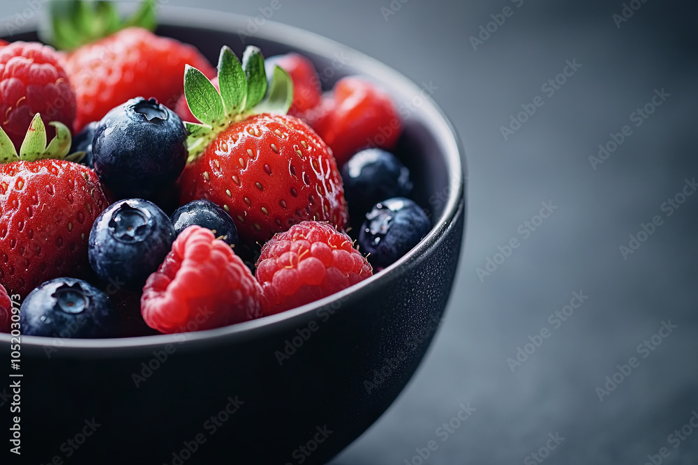 A bowl of mixed berries: strawberries, blueberries, and raspberries, fresh and vibrant A bowl of mixed berries: strawberries, blueberries, and raspberries, fresh and vibrant