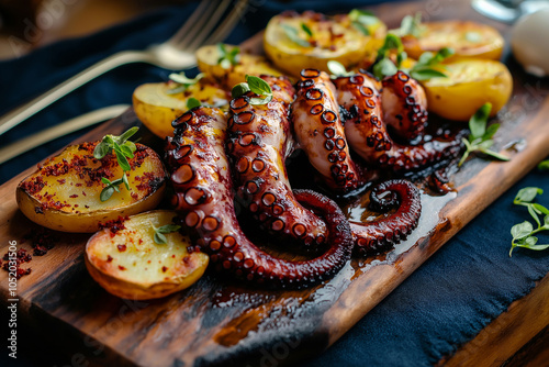 Pulpo a la Gallega, Spanish octopus. Typical Spanish dish from Galicia made of octopus with potatoes, olive oil and paprika served on wooden board with wine. Popular octopus recipe