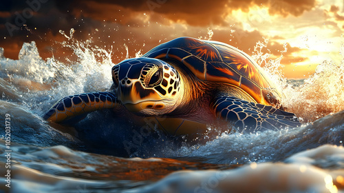 Sea Turtle Swimming in Gold...