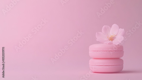 Two pink macarons topped with a delicate flower, set against a soft pink background, create a charming and sweet aesthetic.