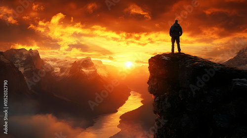 Man on Mountain Peak at Sun...