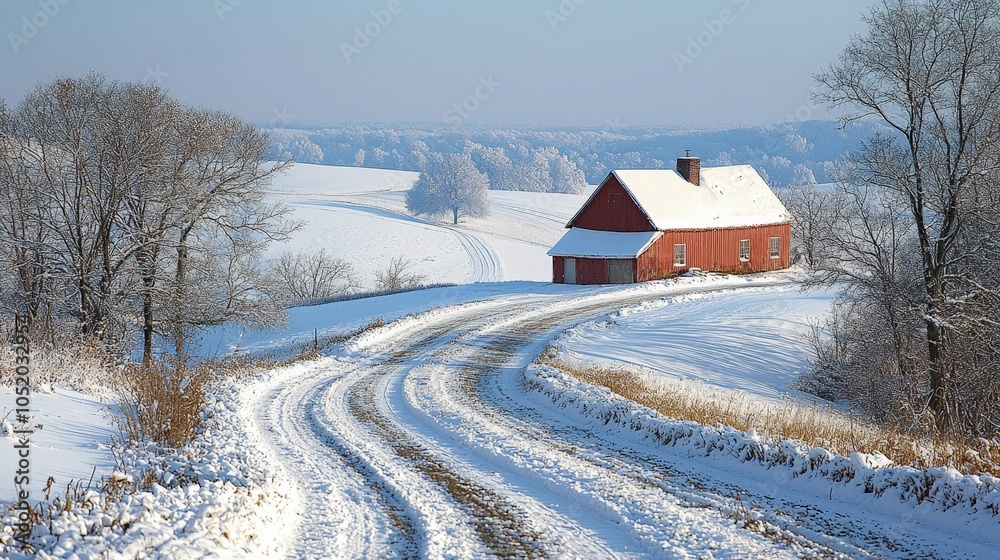 A serene winter landscape featuring a red barn along a snowy winding road. A serene winter landscape featuring a red barn along a snowy winding road.