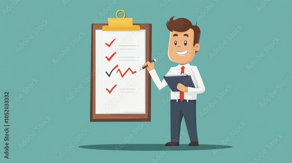 Businessman checking items on a clipboard with a checklist, smiling and confident, illustration style. Businessman checking items on a clipboard with a checklist, smiling and confident, illustration style.