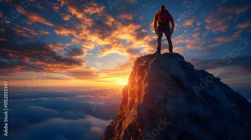 Climber on Mountain Peak at...