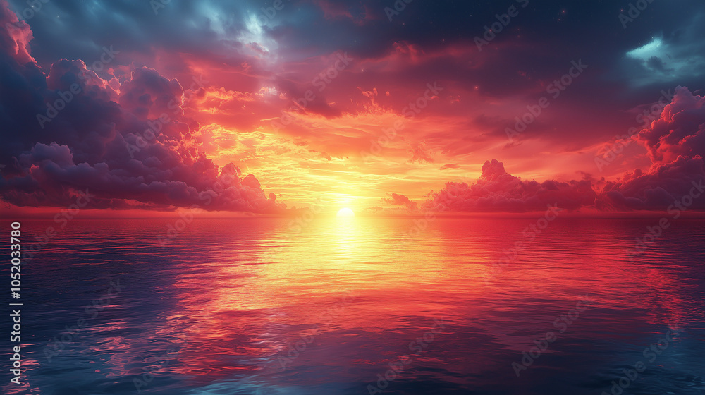 vibrant sunset over calm ocean with clouds illuminated in shades of red and orange vibrant sunset over calm ocean with clouds illuminated in shades of red and orange