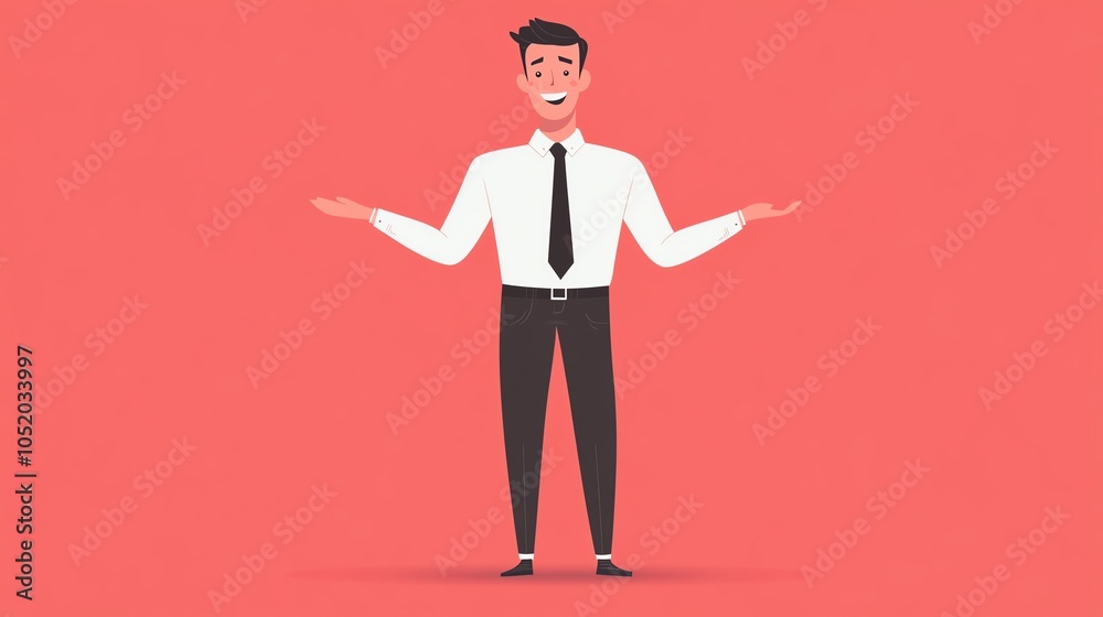 Cheerful businessman standing confidently, presenting ideas with an open gesture, vibrant background. Cheerful businessman standing confidently, presenting ideas with an open gesture, vibrant background.